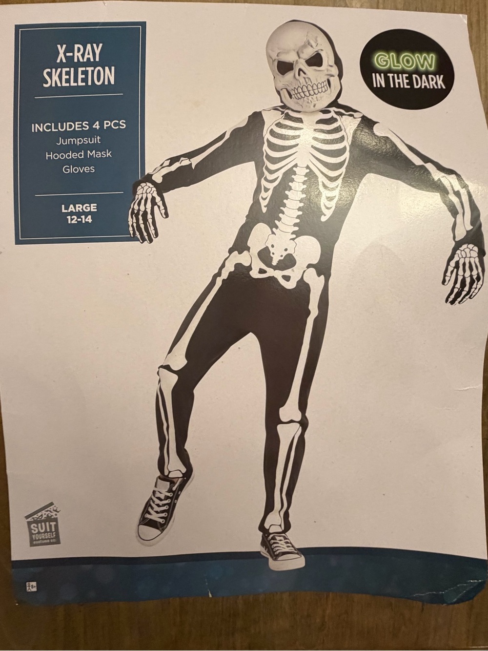 Glow-In-The-Dark X-Ray Skeleton Kids Costume - Black with White Bones Size Large